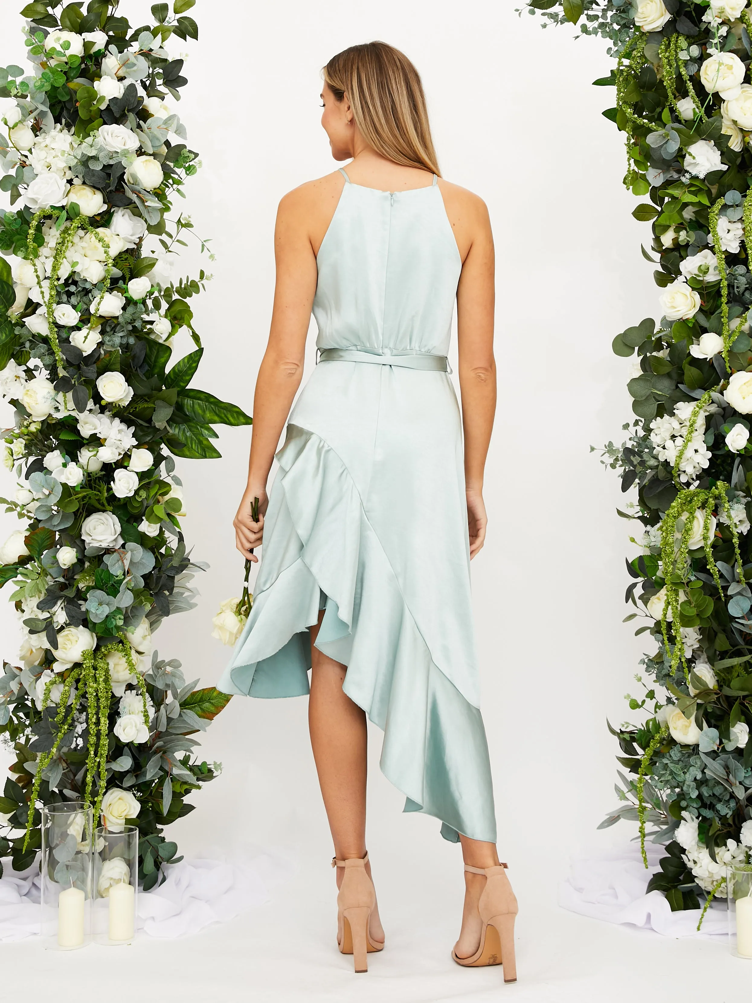 Halter Frill Satin Midi Dress / Sage