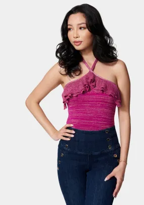 Halter Lurex Sweater Ruffle Top