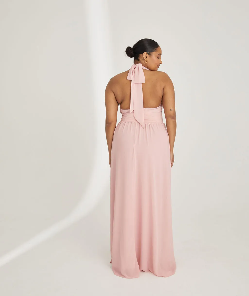 Halter Neck Pleated Waist Chiffon Bridesmaid Dress - Peony Pink