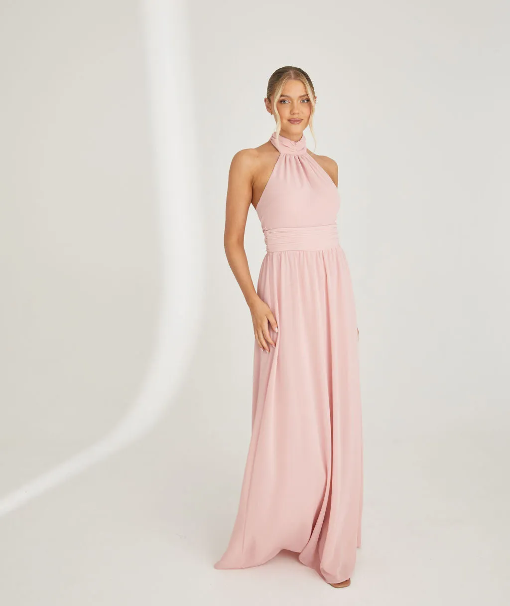 Halter Neck Pleated Waist Chiffon Bridesmaid Dress - Peony Pink