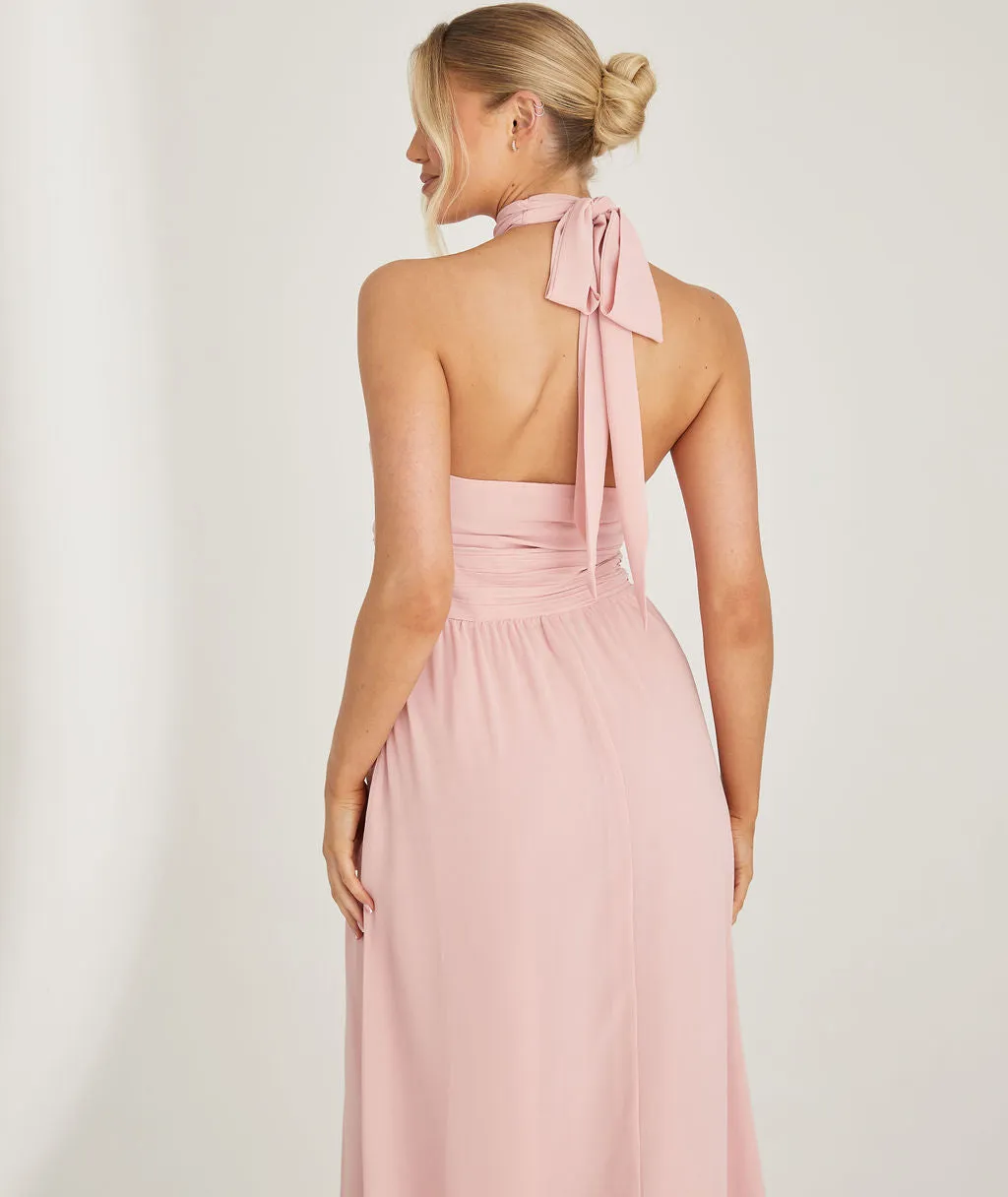 Halter Neck Pleated Waist Chiffon Bridesmaid Dress - Peony Pink