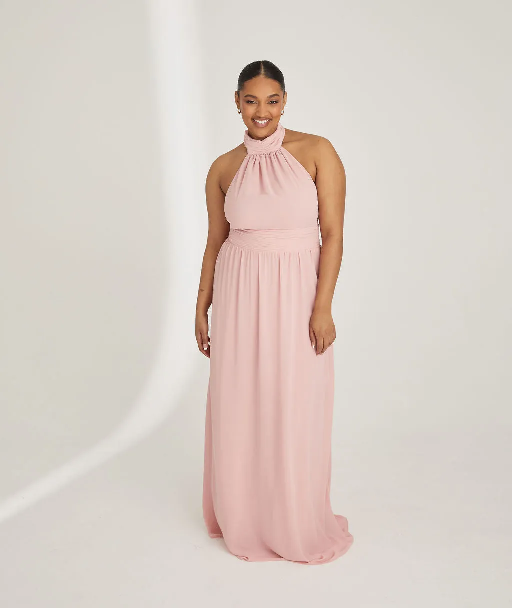 Halter Neck Pleated Waist Chiffon Bridesmaid Dress - Peony Pink