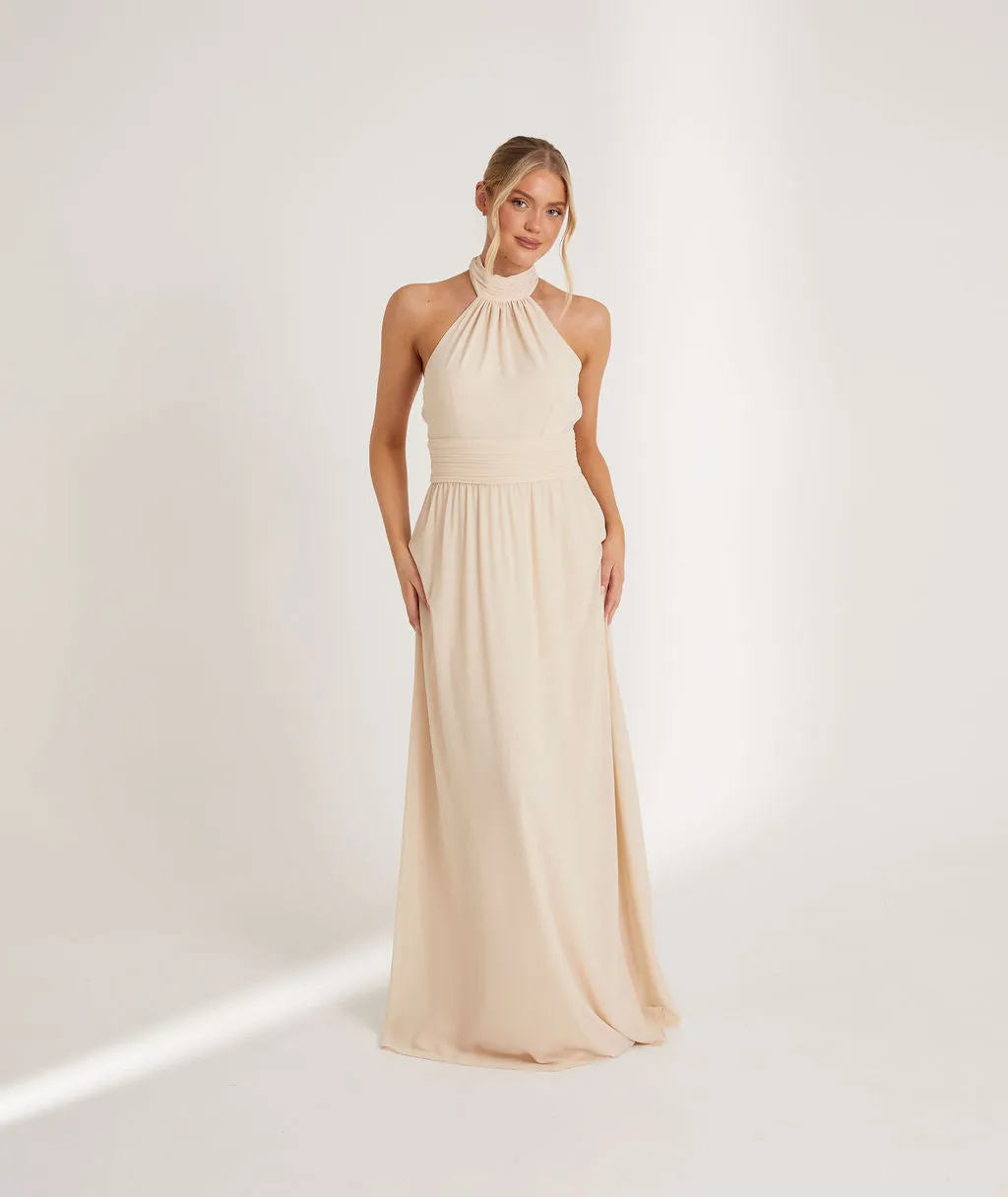 Halter Neck Pleated Waist Chiffon Bridesmaid Dress - Vintage Cream