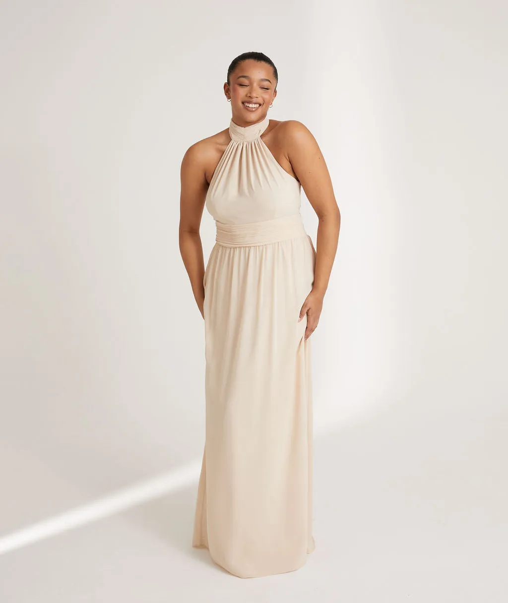 Halter Neck Pleated Waist Chiffon Bridesmaid Dress - Vintage Cream