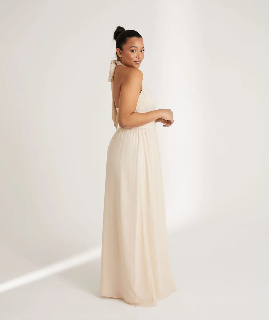 Halter Neck Pleated Waist Chiffon Bridesmaid Dress - Vintage Cream