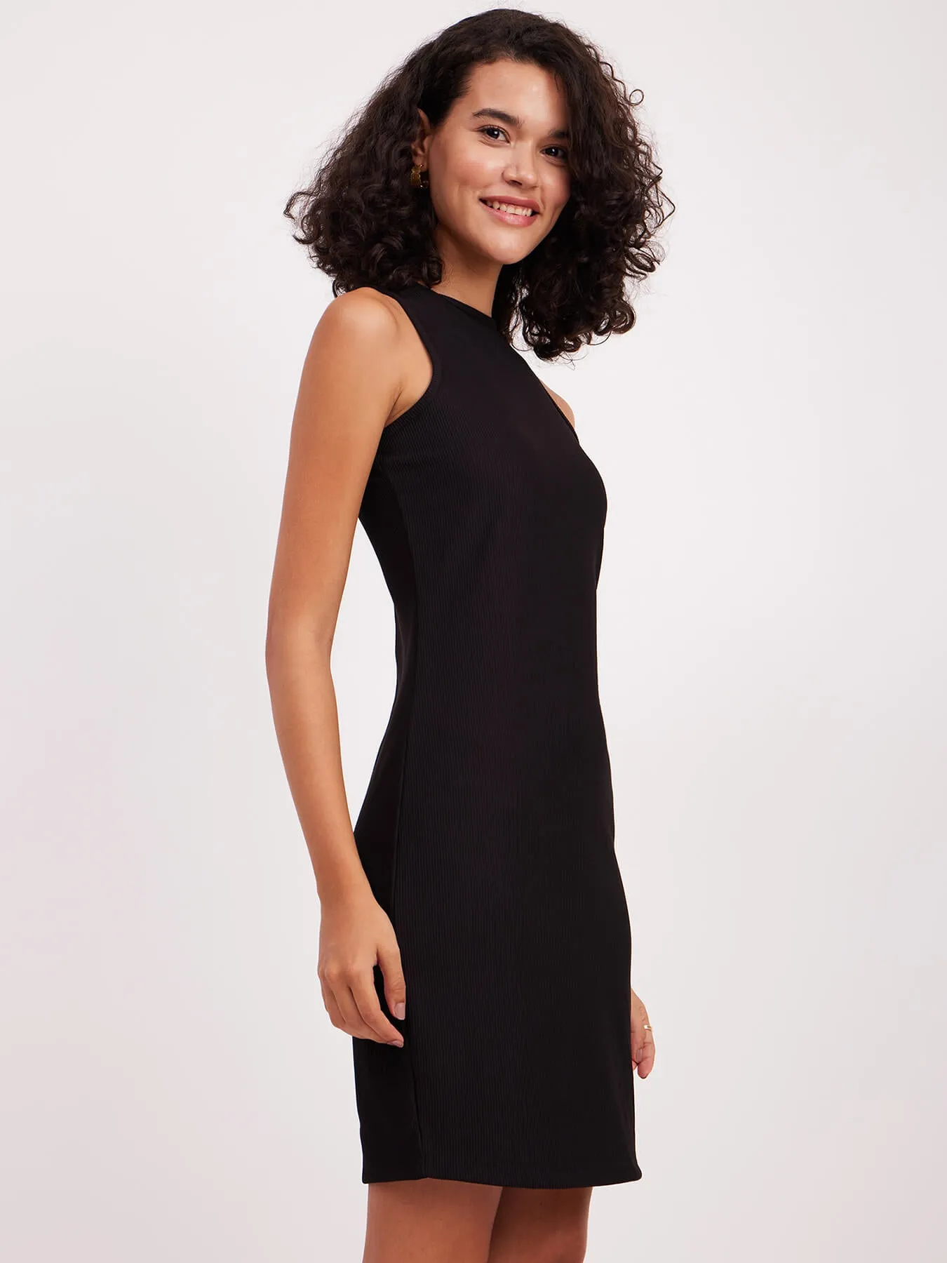 Halter Neck Rib Knit Dress - Black