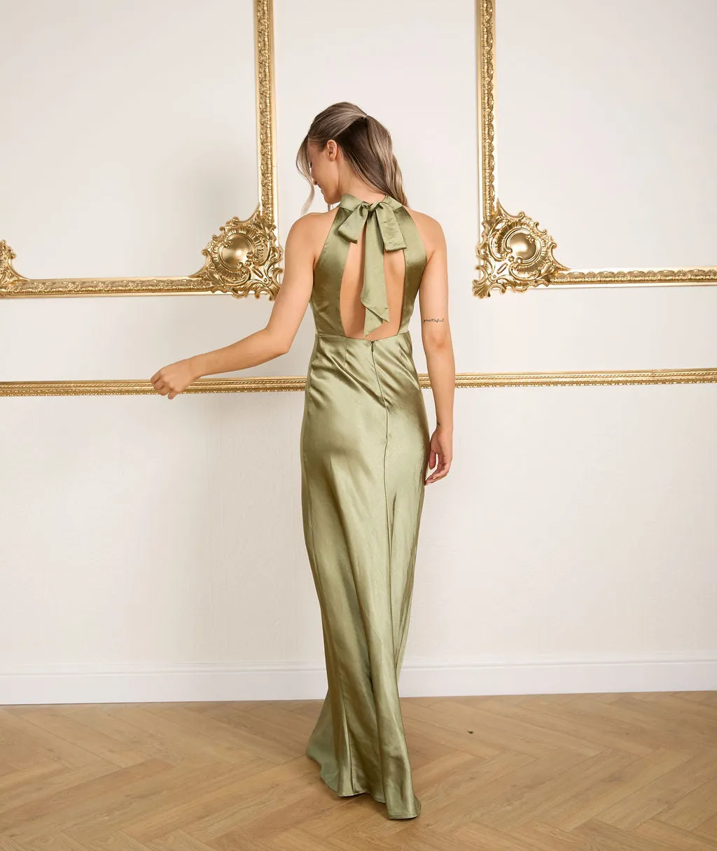 Halter Neck Satin Bridesmaid Dress - Moss Green