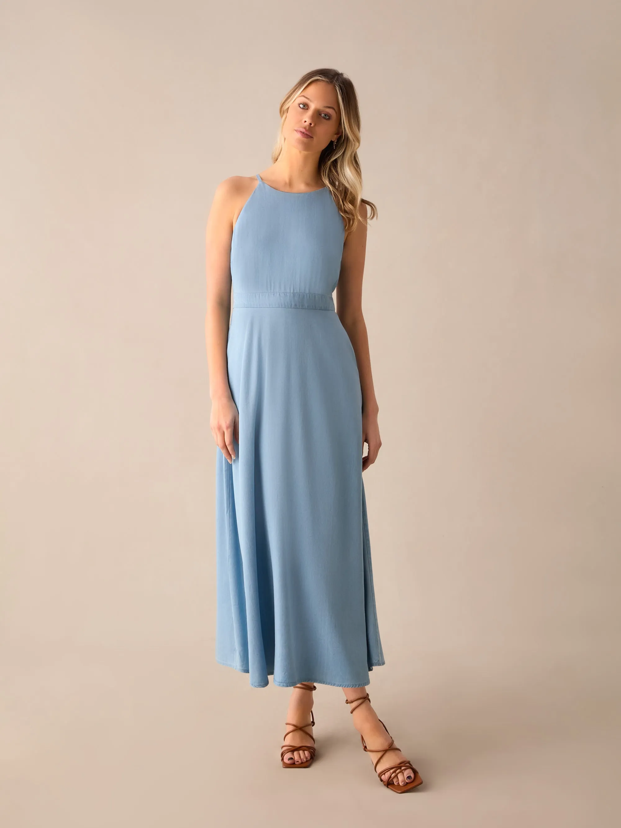 Halter Tencel Denim Midi Dress