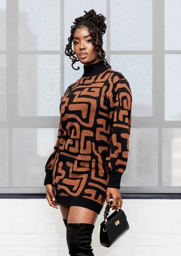 Keziah Women's African Print Sweater Dress (Espresso Geometric)