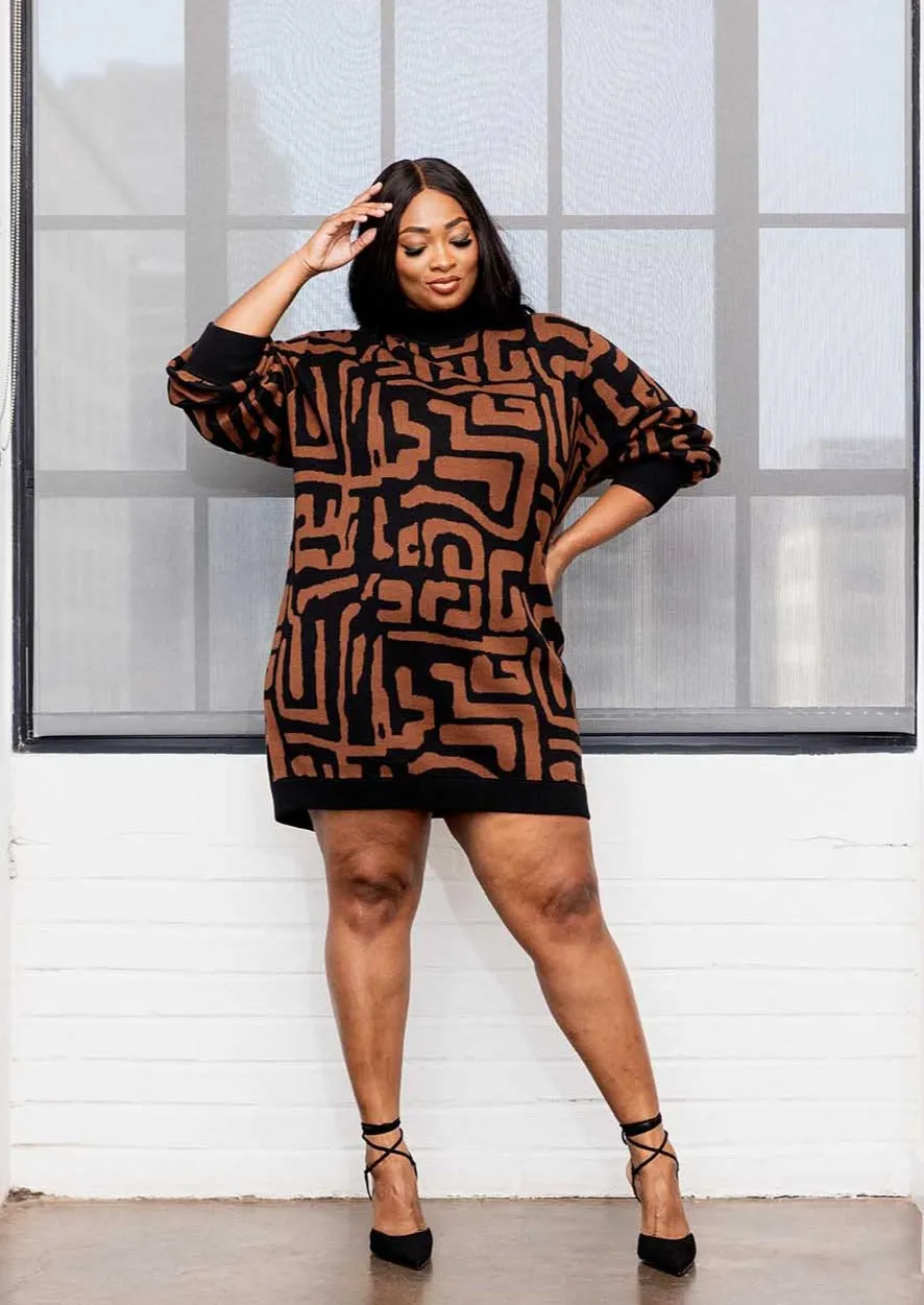 Keziah Women's African Print Sweater Dress (Espresso Geometric)