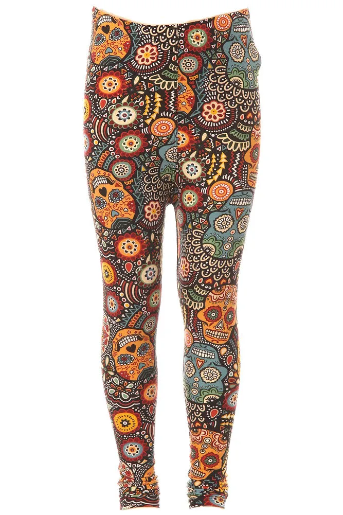 Kid's Ornate Sugar Skull Pattern Printed Leggings