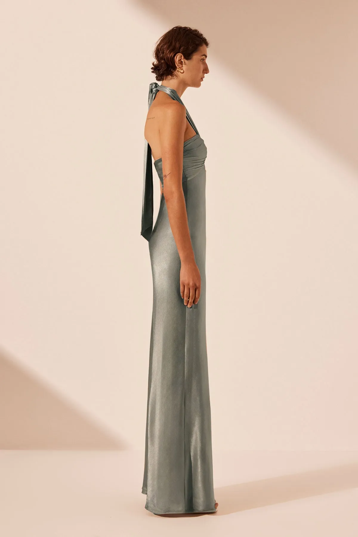 LA LUNE RUCHED HALTER MAXI DRESS - SAGE