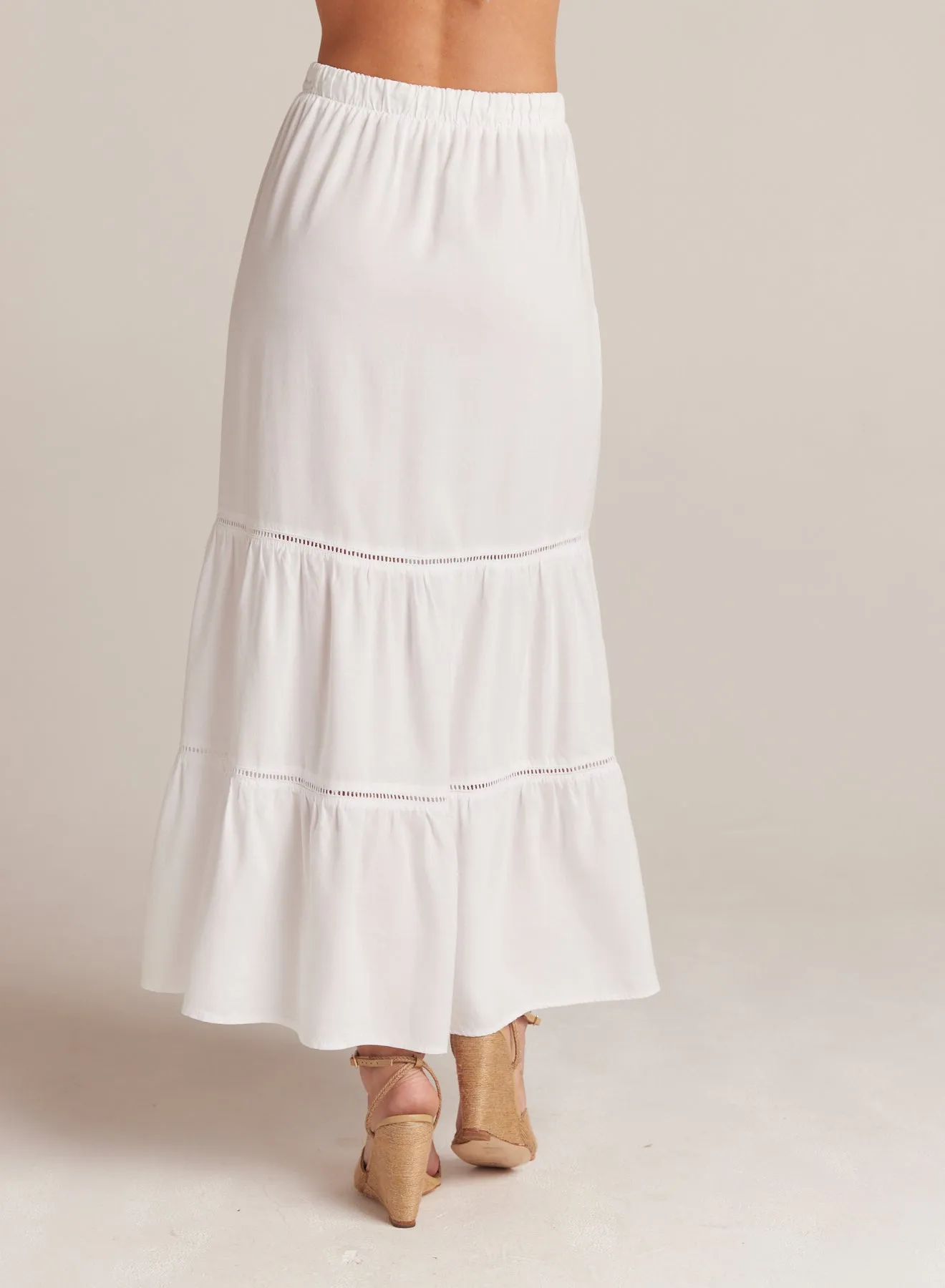 Ladder Trim Tiered Maxi Skirt - White