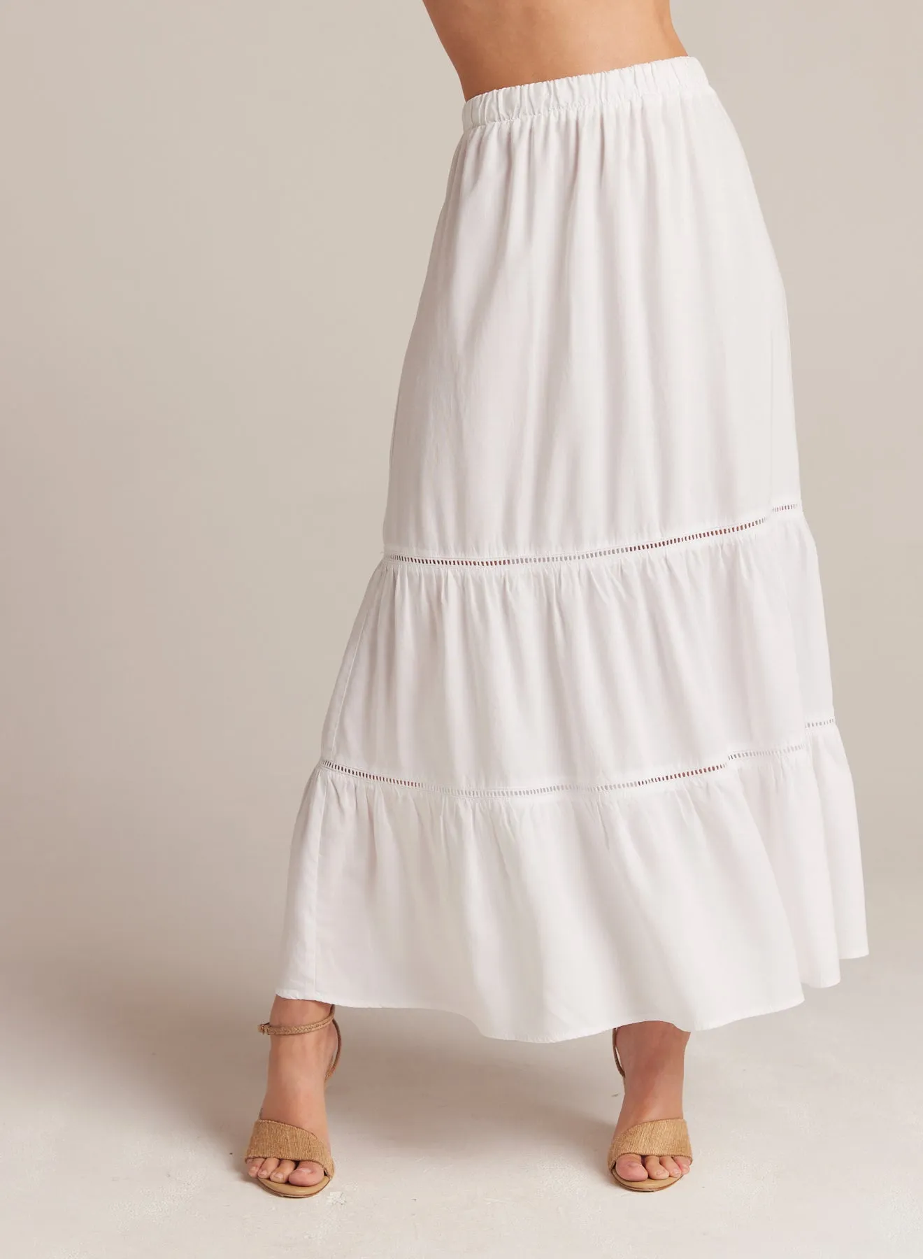 Ladder Trim Tiered Maxi Skirt - White