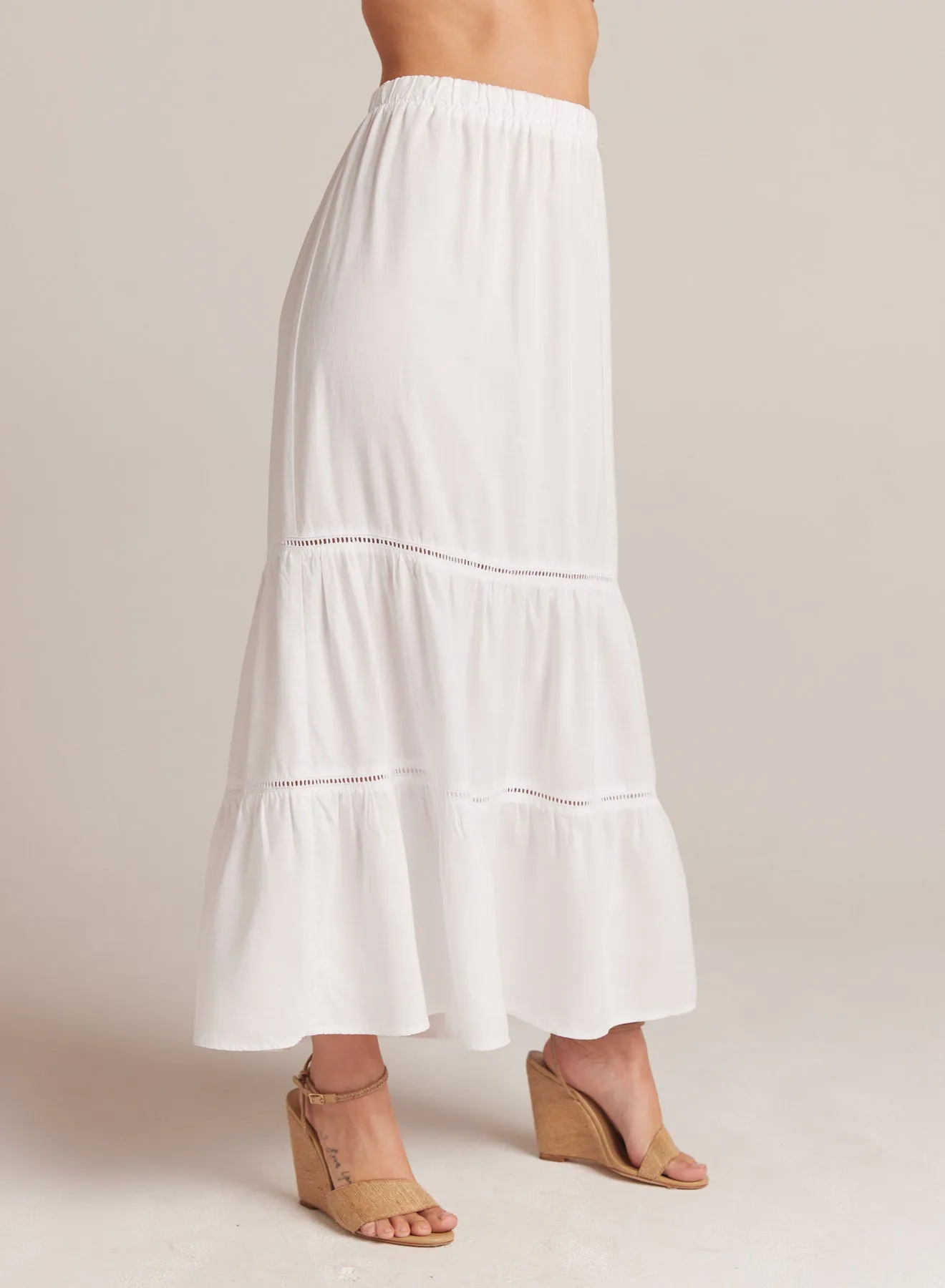 Ladder Trim Tiered Maxi Skirt - White