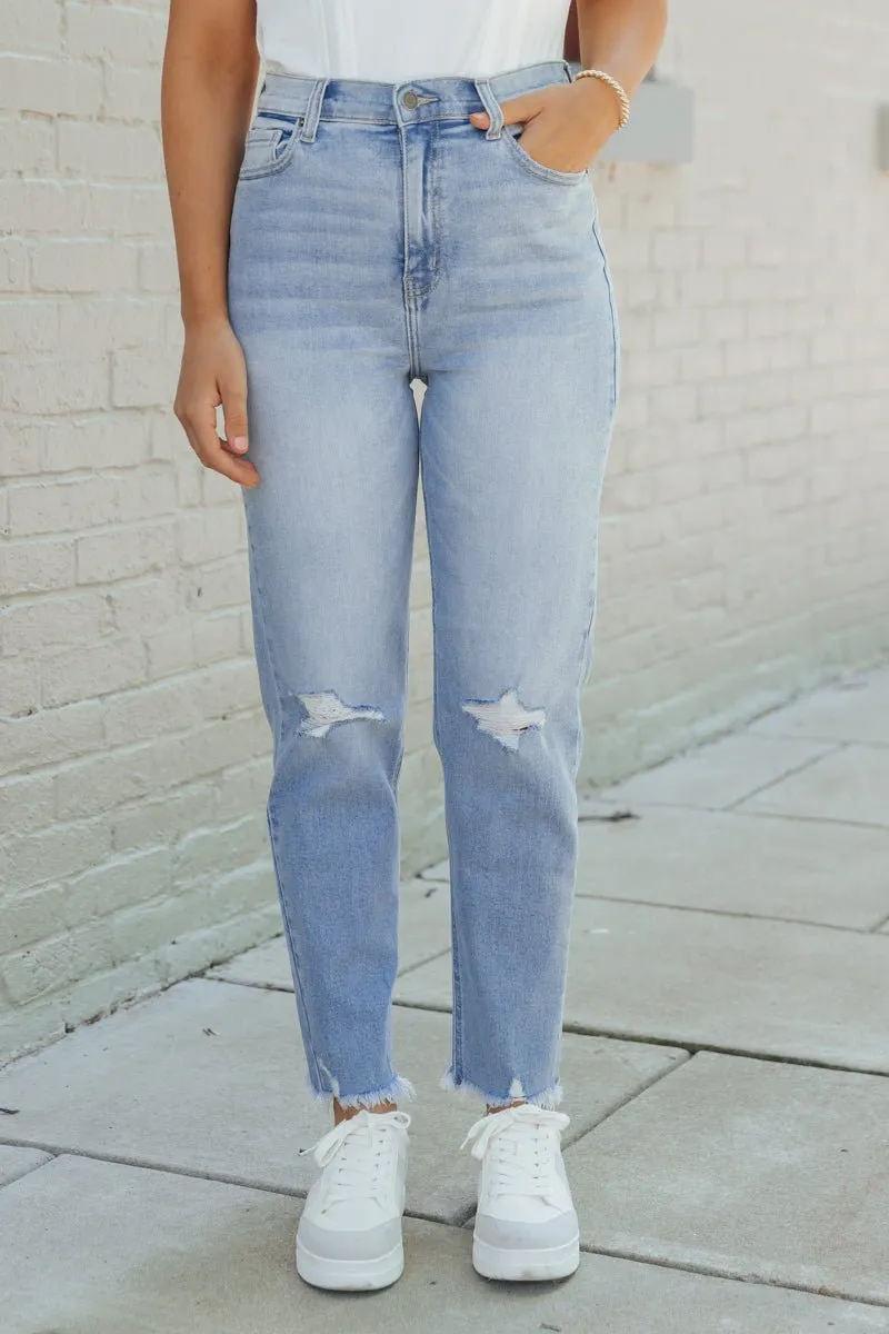 Light Wash Distressed Mom Jeans - FINAL SALE