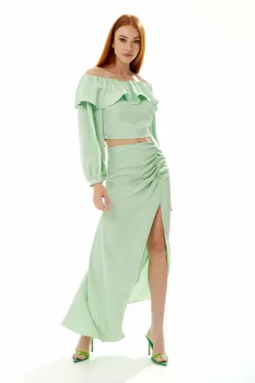 Liquorish Gathered Detail Maxi Skirt With A Slit In Mint