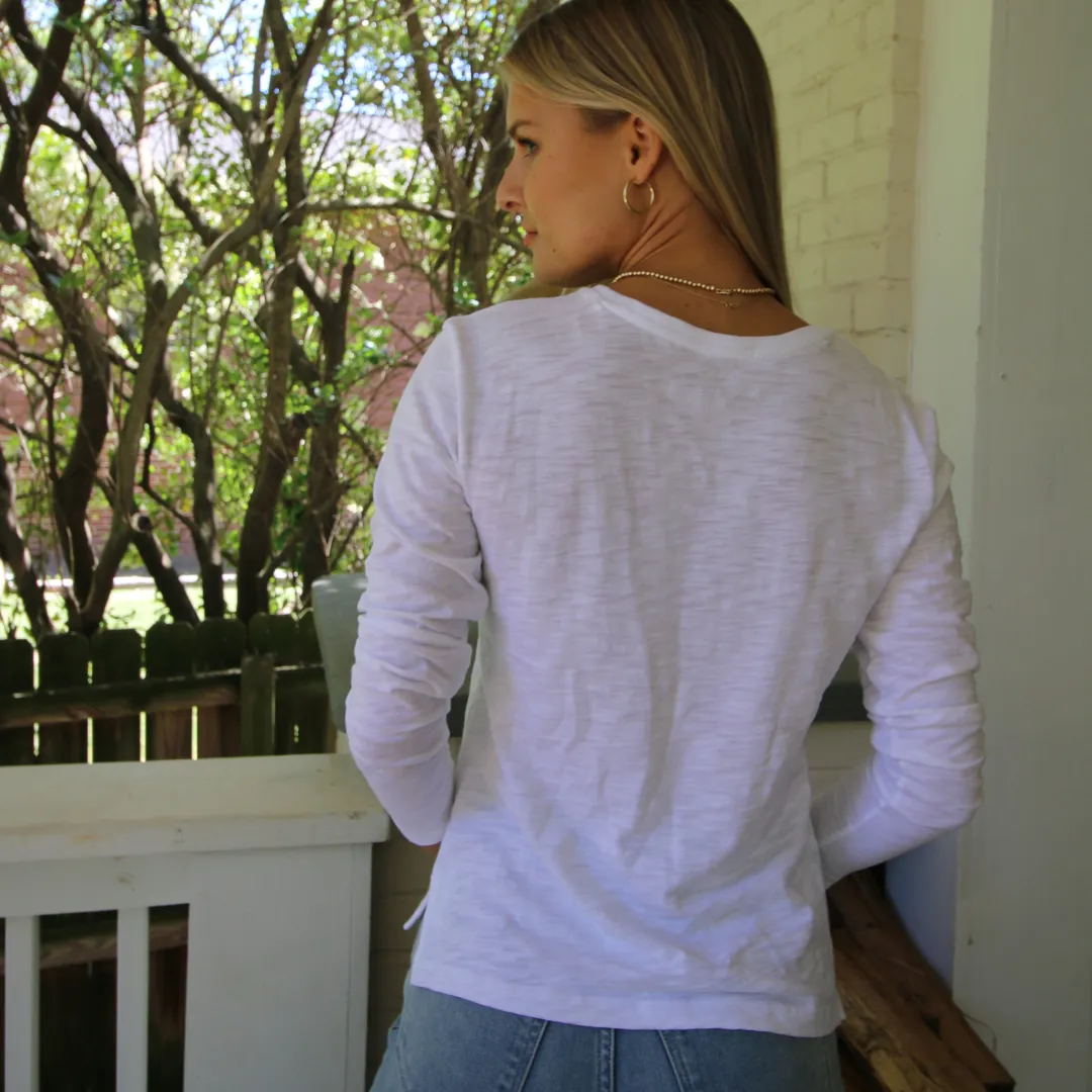 Long Sleeve Jeans V in White Pima Cotton Slub