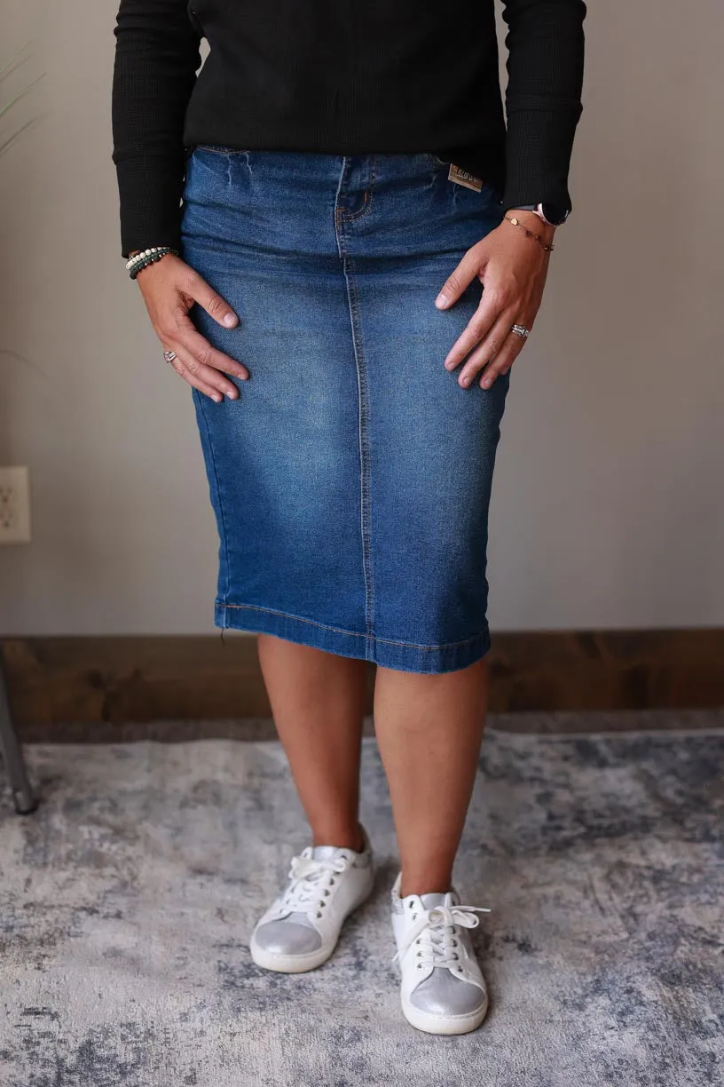 Medium Wash Solid Stretch Midi Denim Skirt