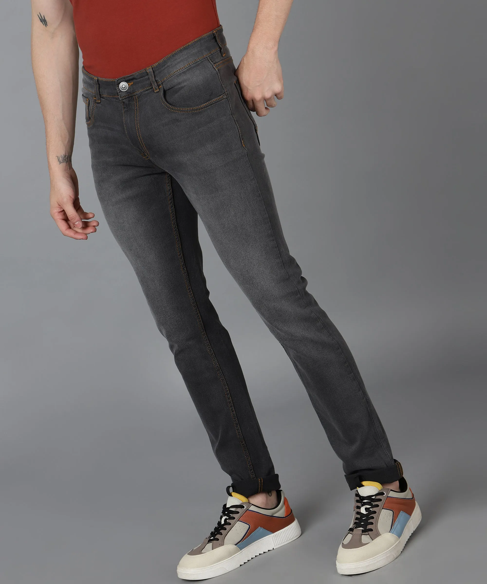 Men's Grey Slim Fit Washed Jeans Stretchable