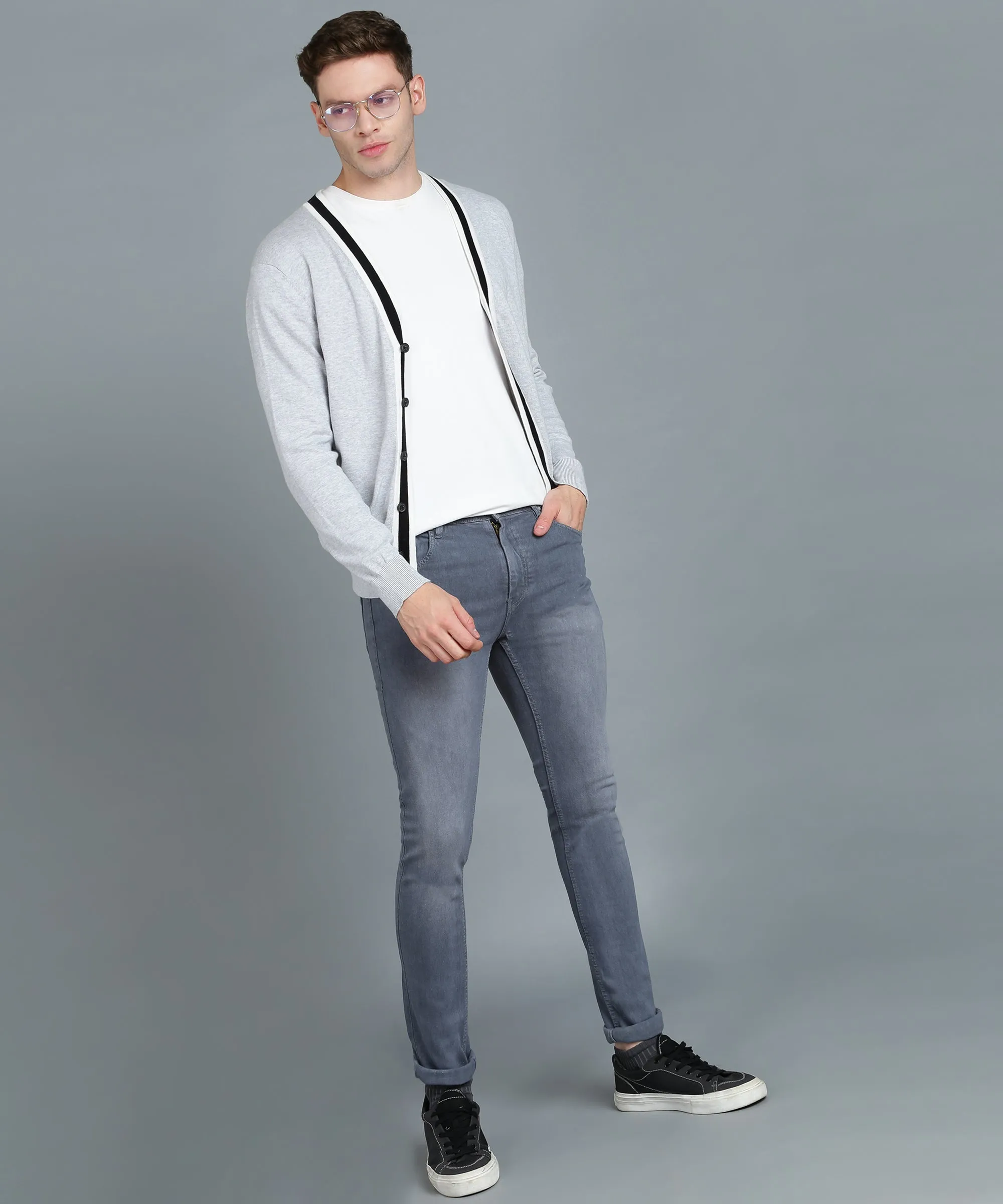 Men's Grey Slim Fit Washed Jeans Stretchable