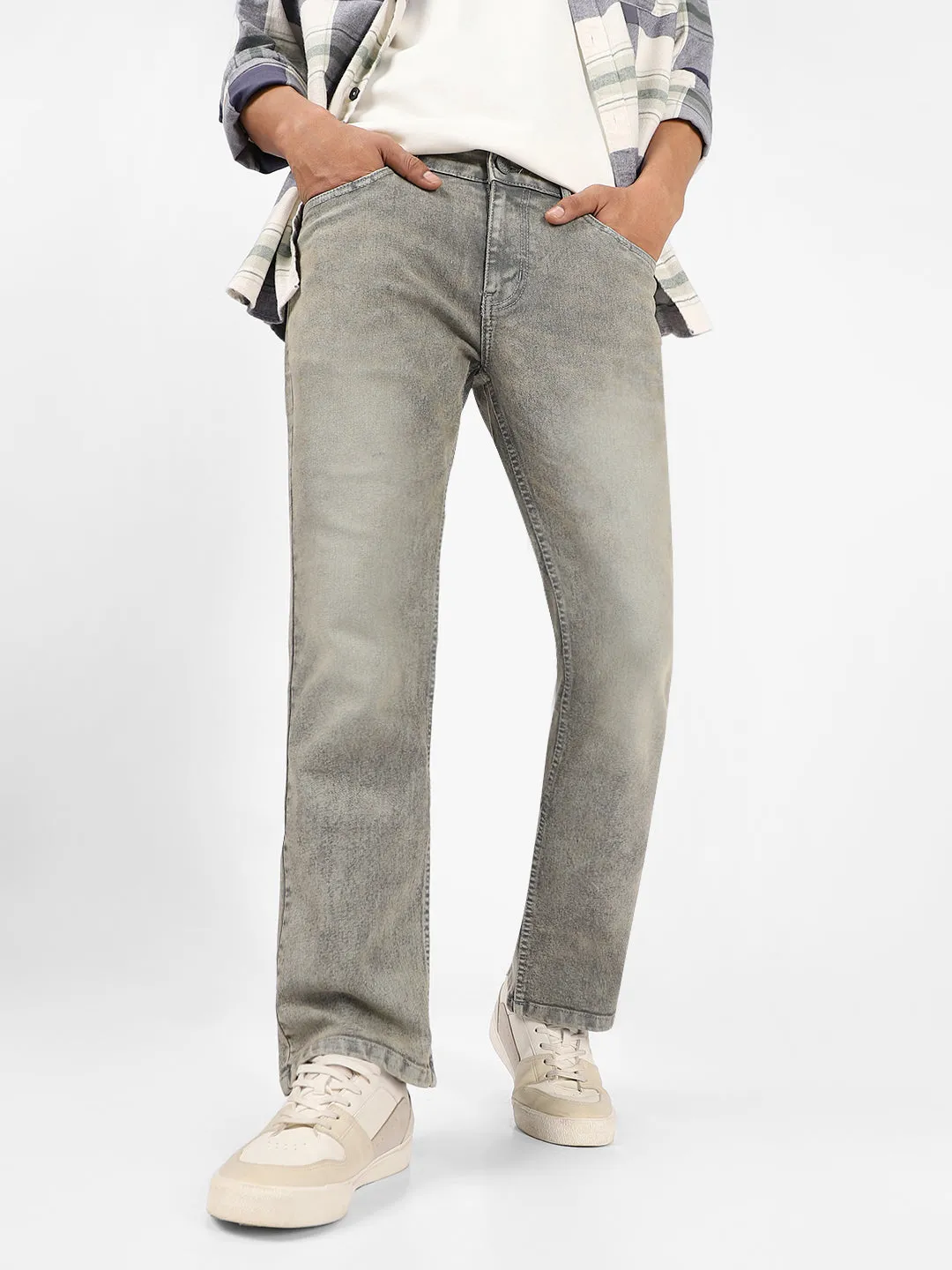 Men's Light Grey Washed Bootcut Jeans Stretchable