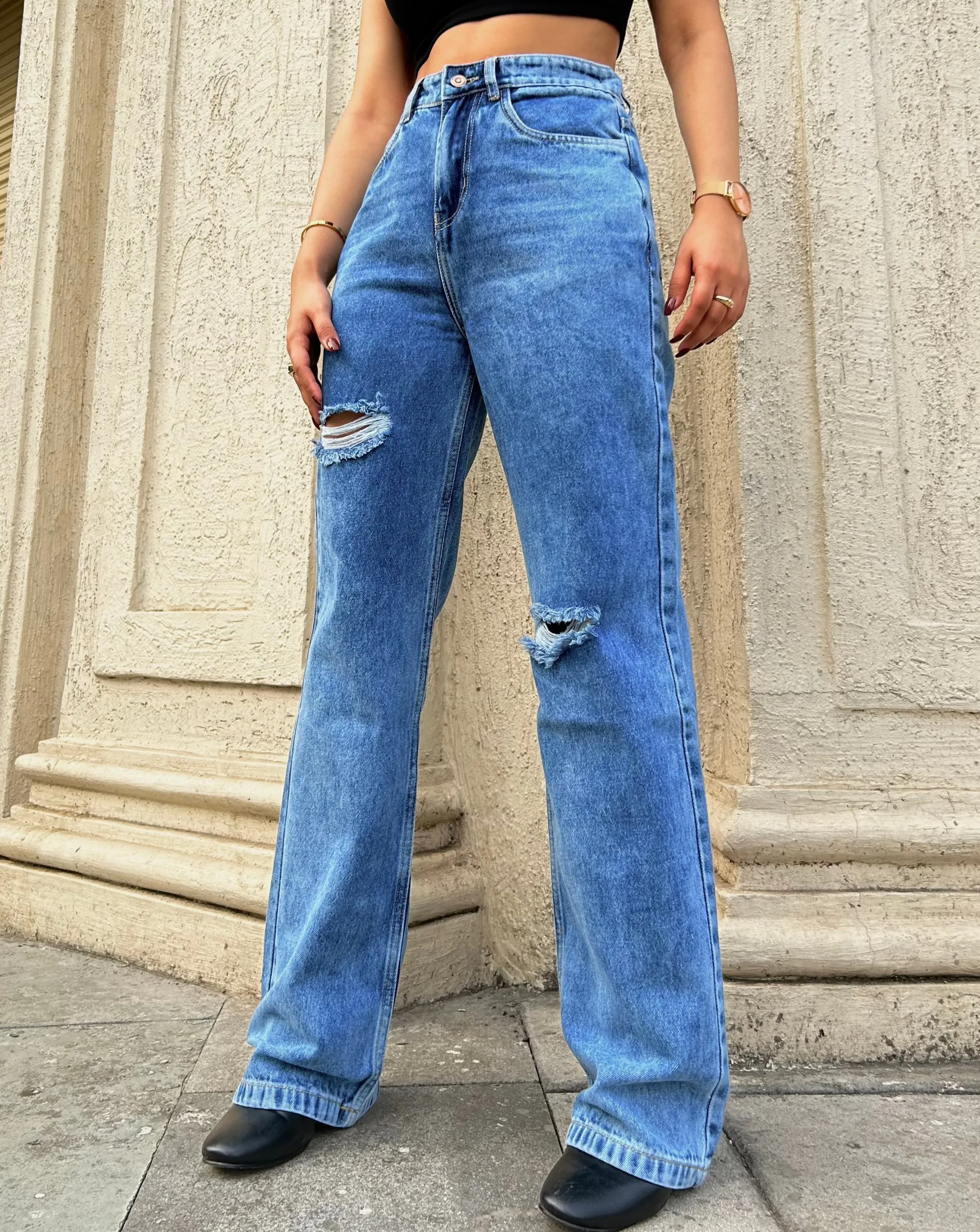 Mid Blue Epic Wash Ripped Straight Leg Jeans