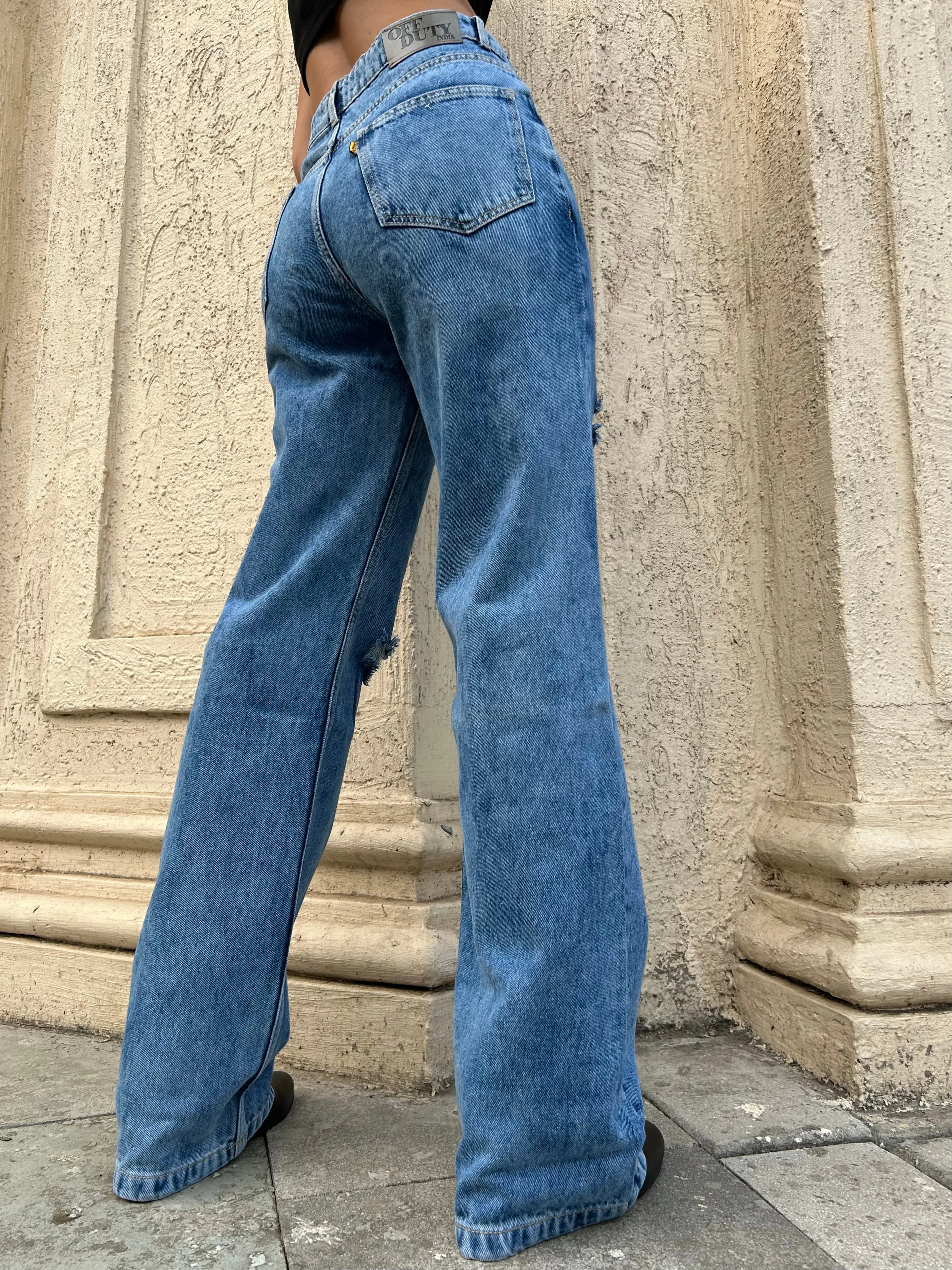 Mid Blue Epic Wash Ripped Straight Leg Jeans