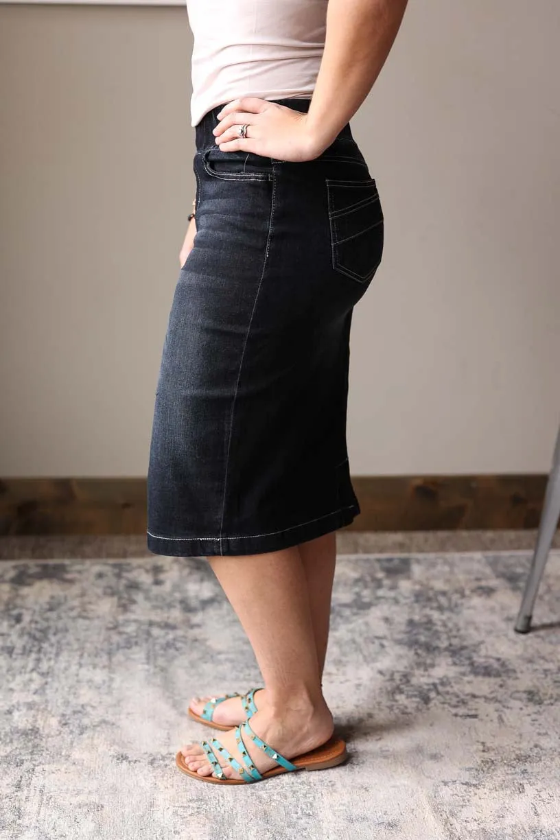 Midnight Comfort Black Elastic Stretch Denim Skirt