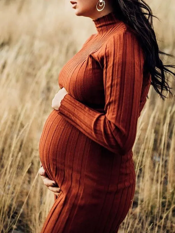 Momnfancy Orange Knitting Long Sleeve Bodycon Photoshoot Sweater Maternity Midi Dress