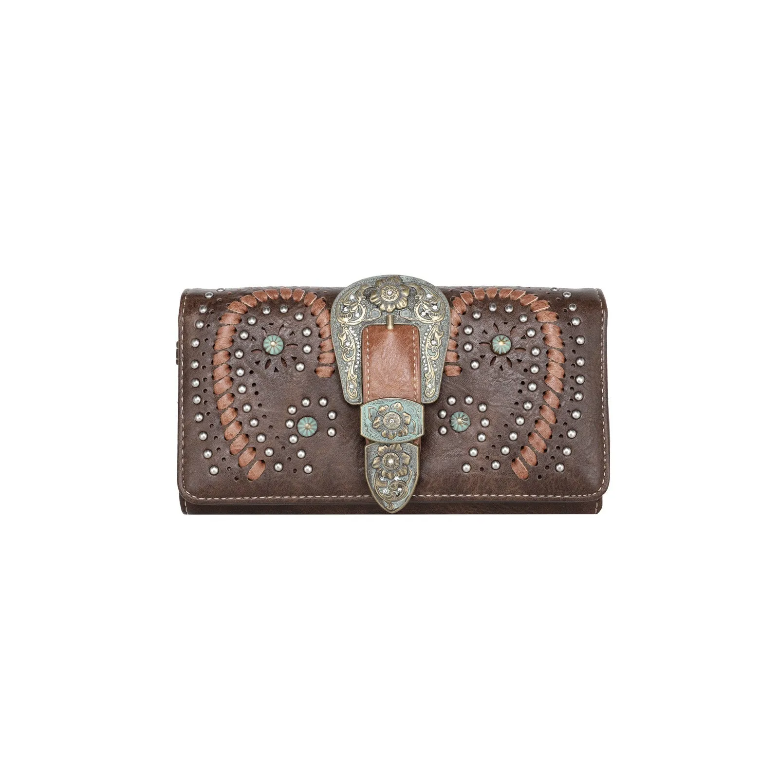 Montana West Buckle Whipstitch Studded Women Wallet