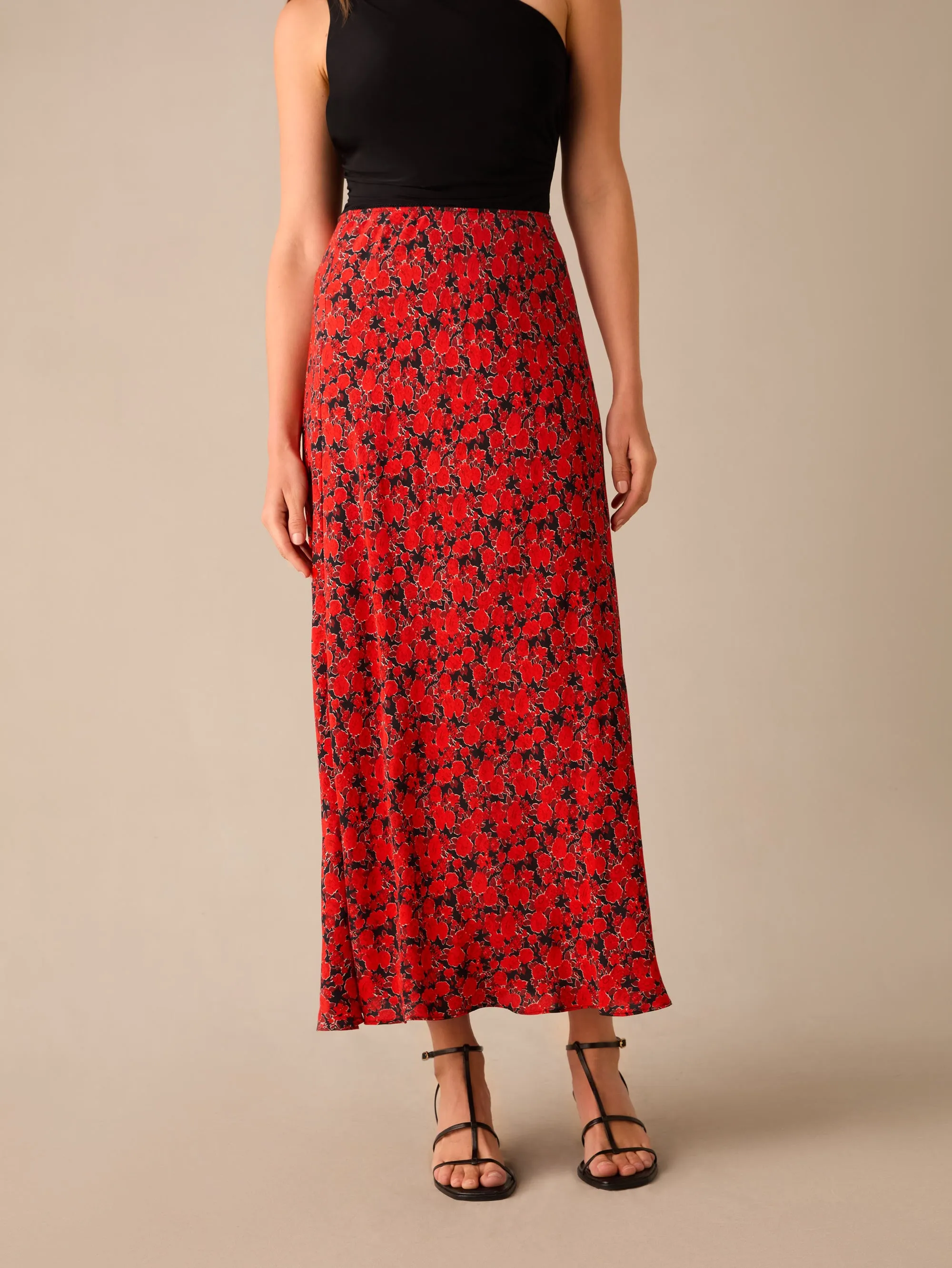 Petite Red Blurred Floral Print Bias Cut Maxi Skirt