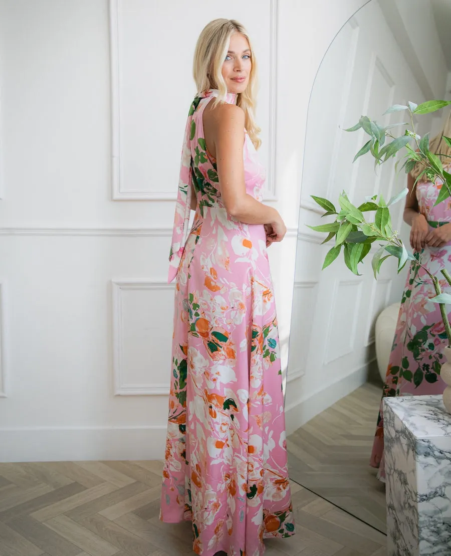 Pink Watercolour Floral Halter Neck Maxi Dress