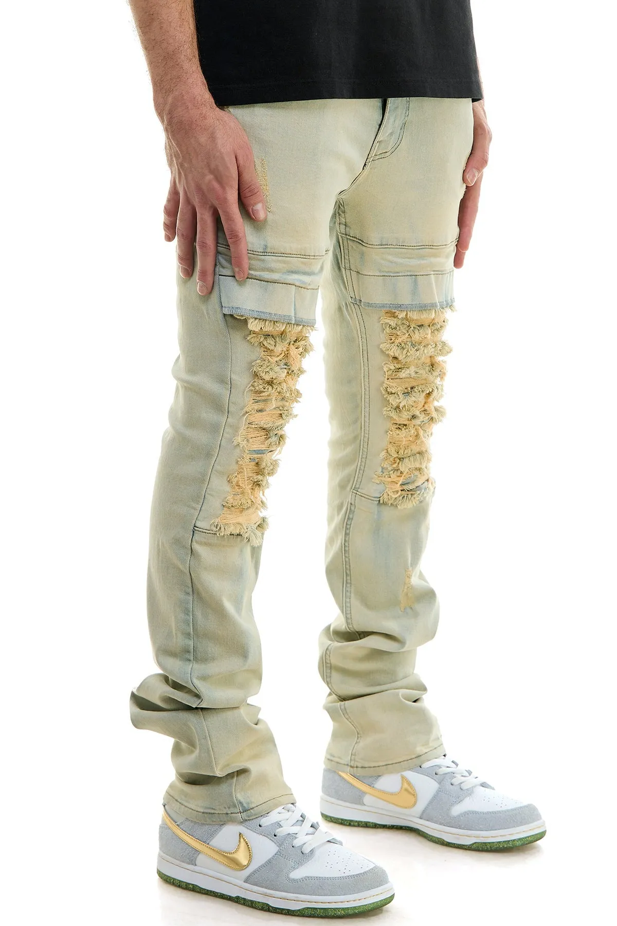 Pocket Skinny Stacked Jeans Heavy Distressed at Knees