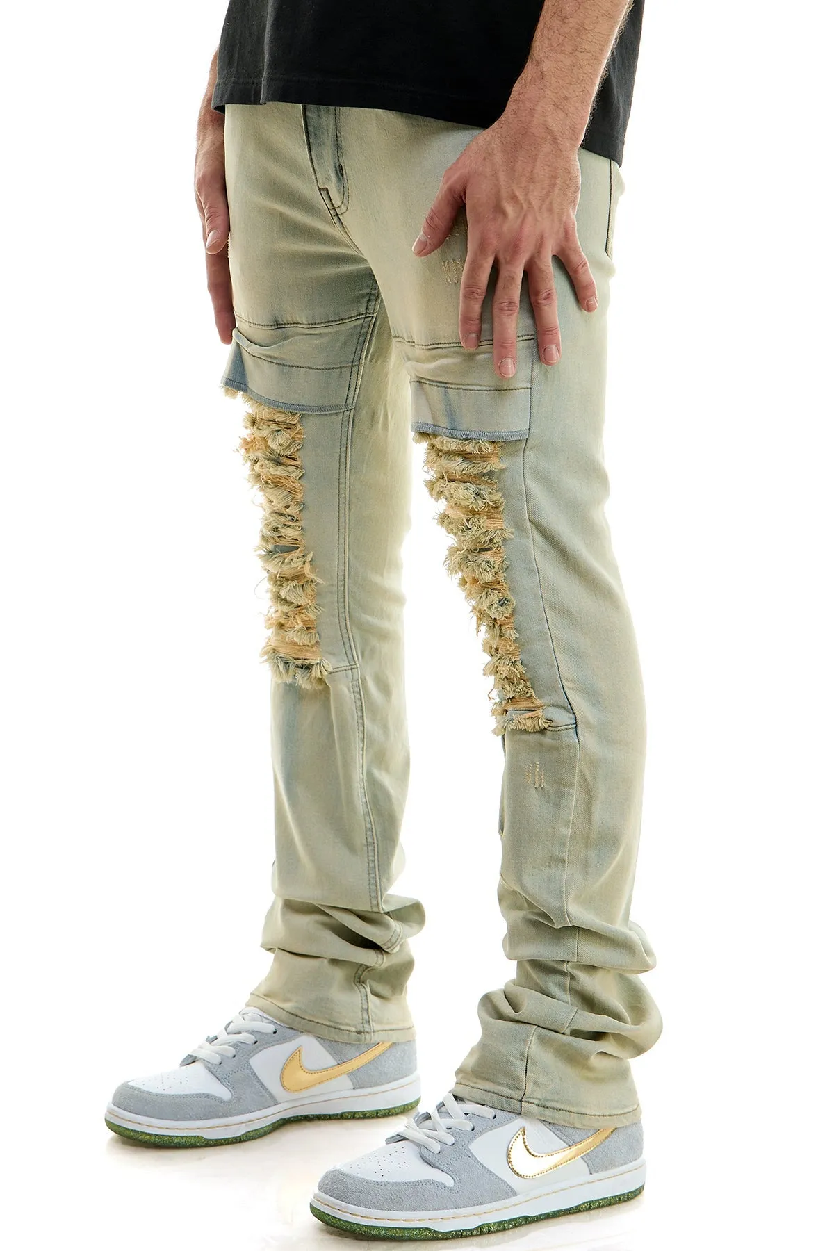 Pocket Skinny Stacked Jeans Heavy Distressed at Knees