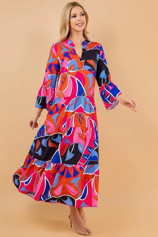 PRINTED LONG SLEEVE V-NECK LONG TUNIC DRESS