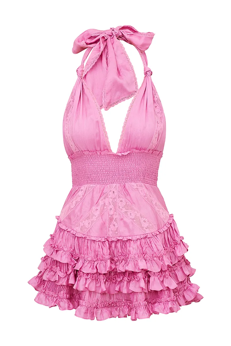 Quintelle Ruffle Halter Mini Dress - TULIP PINK