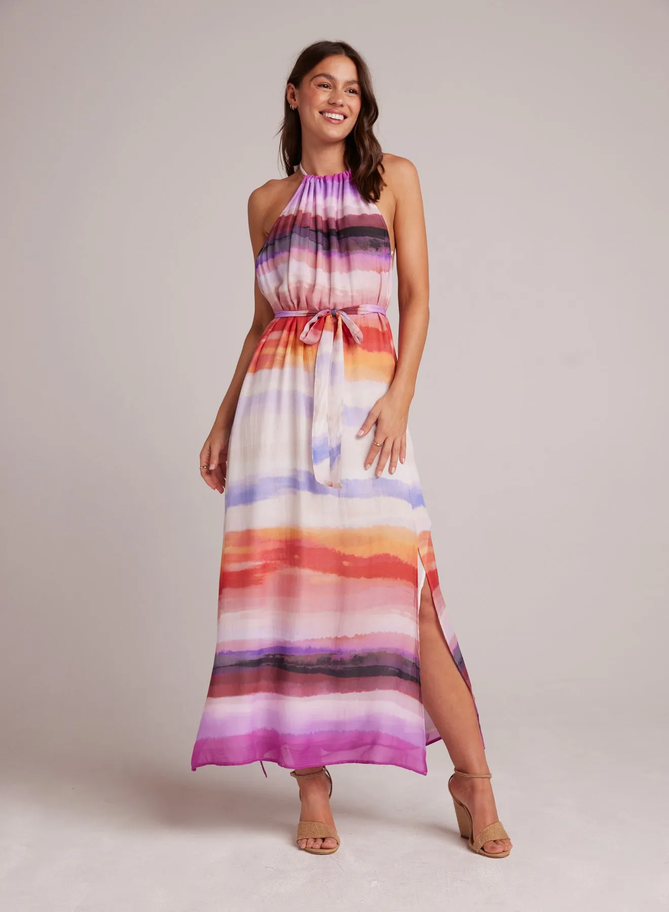 Smocked Waist Halter Midi Dress - Canyon Stripe Print