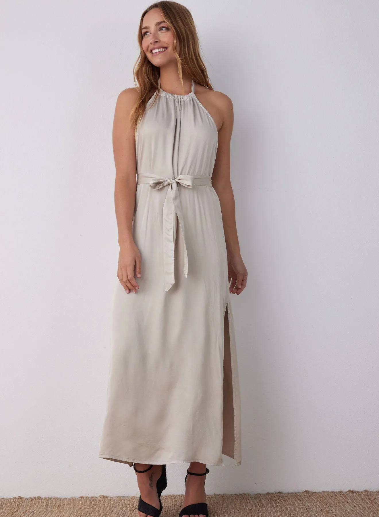 Smocked Waist Halter Midi Dress - Sandy Ivory