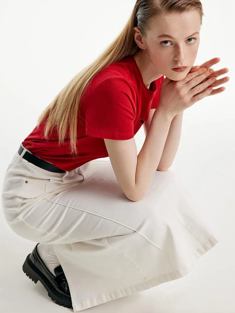 Split White Denim Long Skirt With Belt