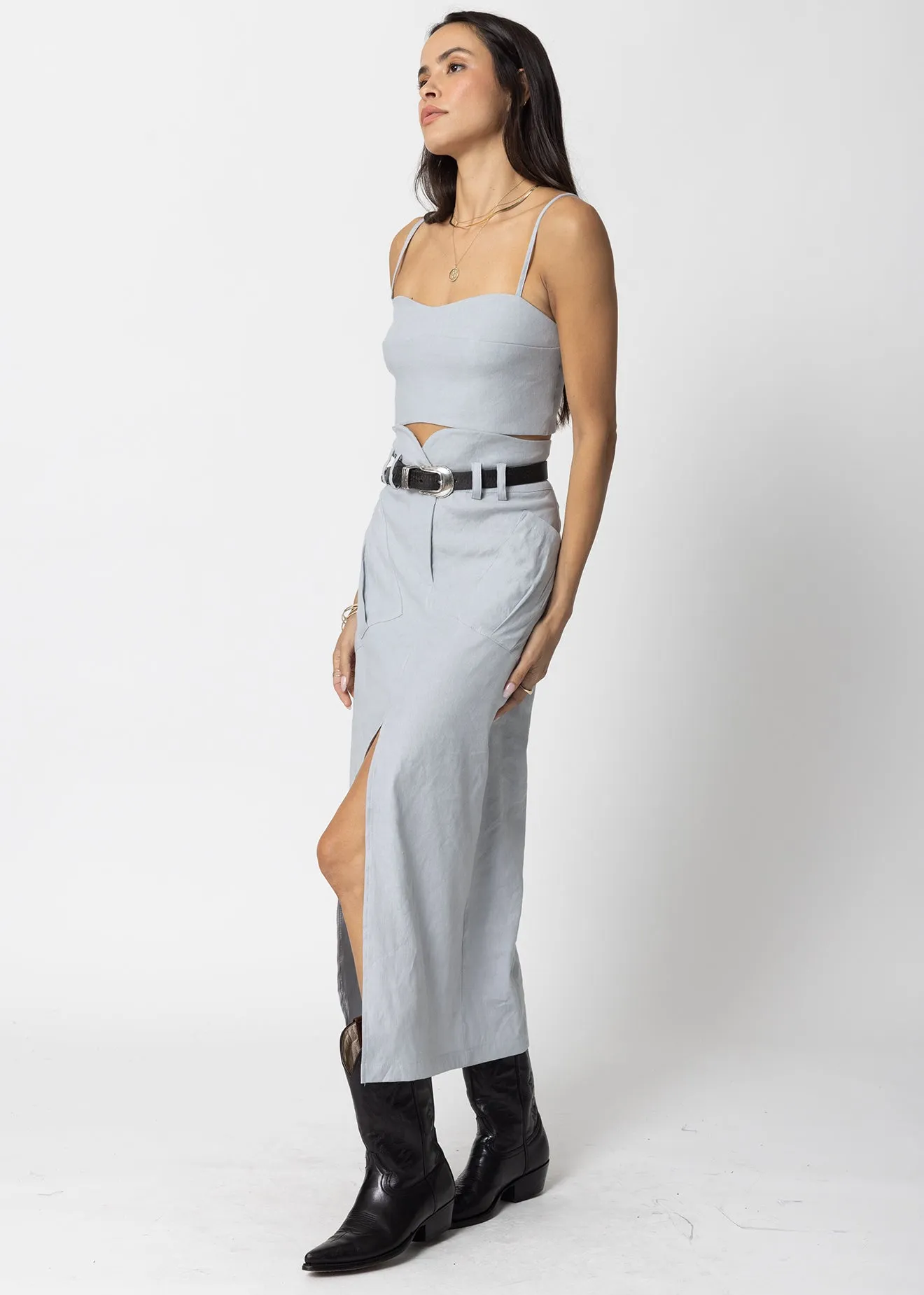 STRETCH LINEN CARGO KNOTCH WAIST MAXI SKIRT