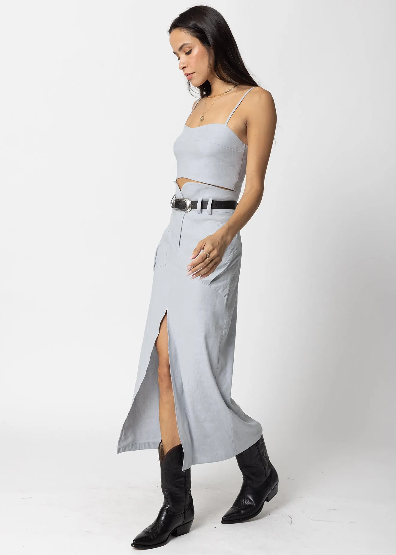 STRETCH LINEN CARGO KNOTCH WAIST MAXI SKIRT