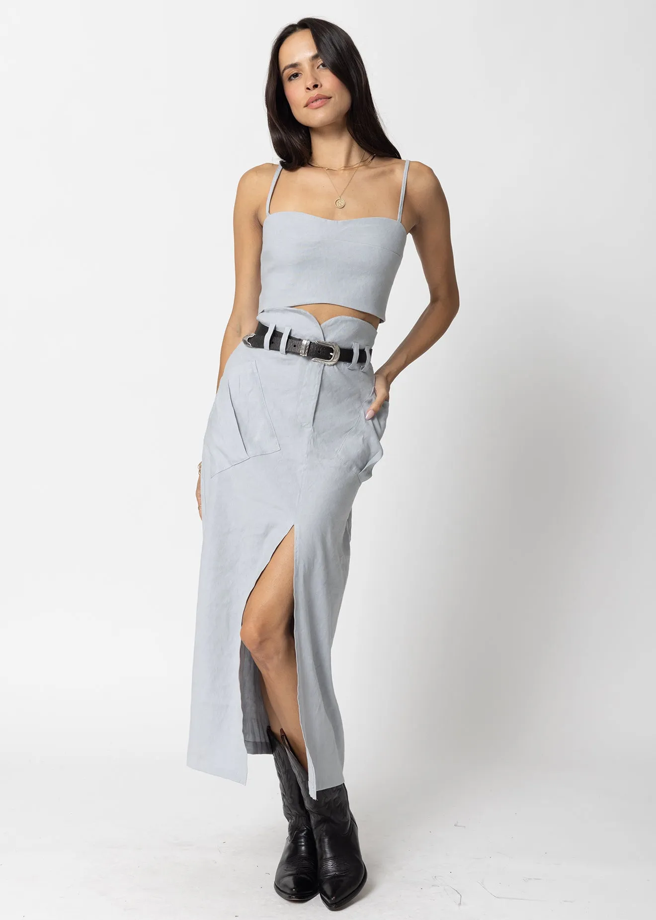 STRETCH LINEN CARGO KNOTCH WAIST MAXI SKIRT