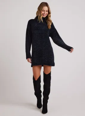 Turtle Neck Chenille Sweater Dress- Black