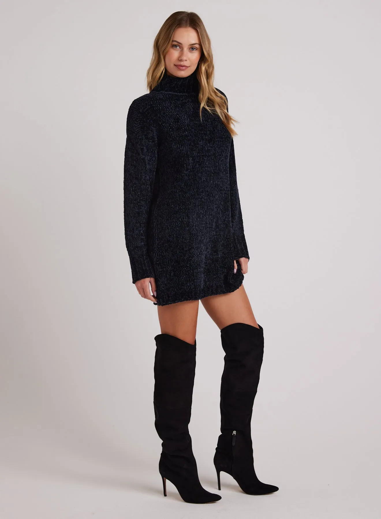 Turtle Neck Chenille Sweater Dress- Black