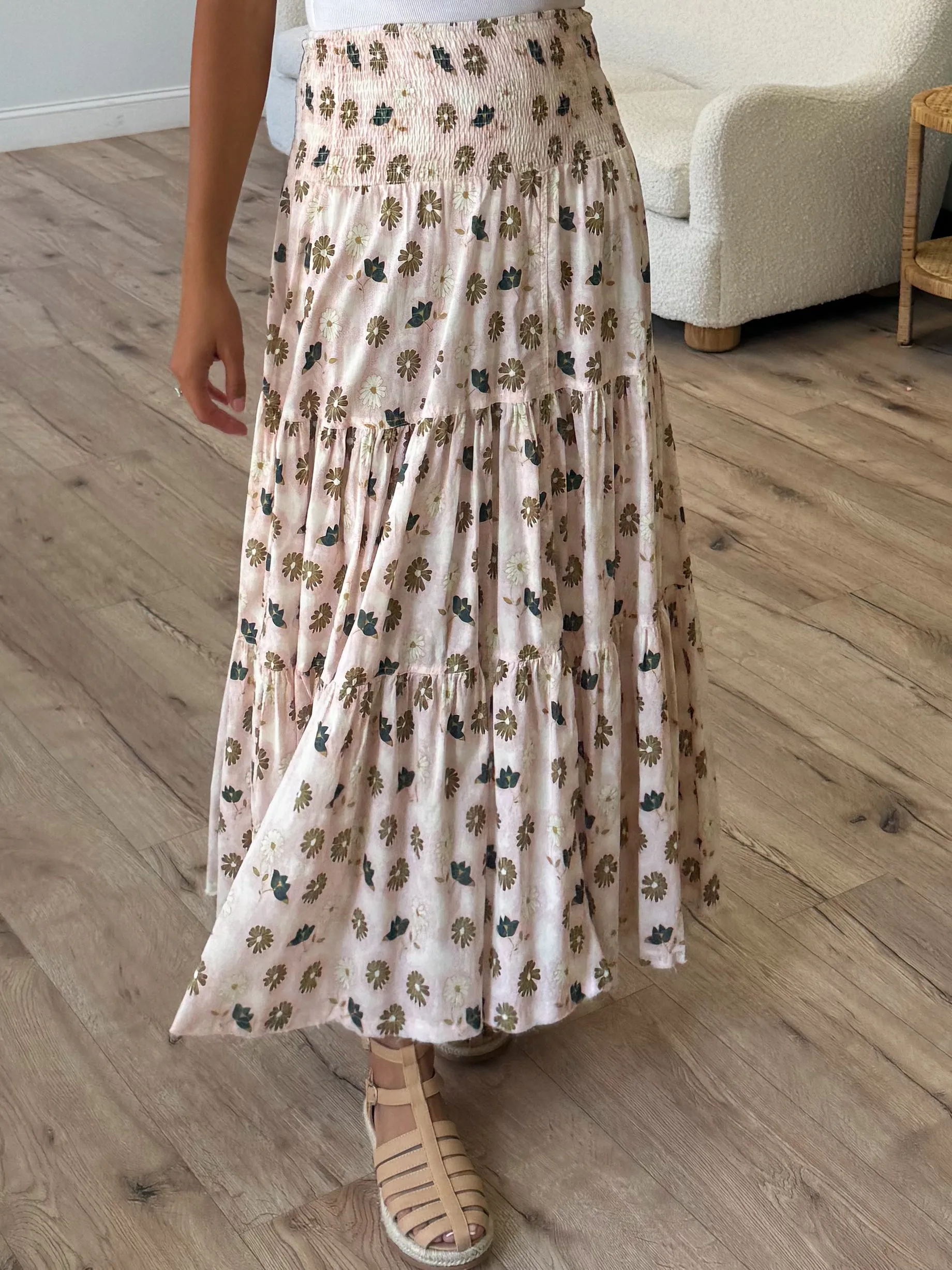 Wildflower Smocked Maxi Skirt | Ivory |  Plus Available