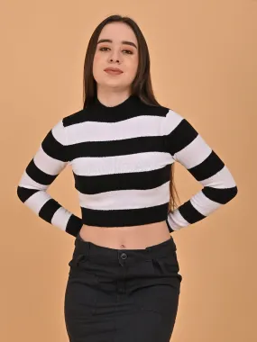 Women Black & White Striped Cropped Sweater