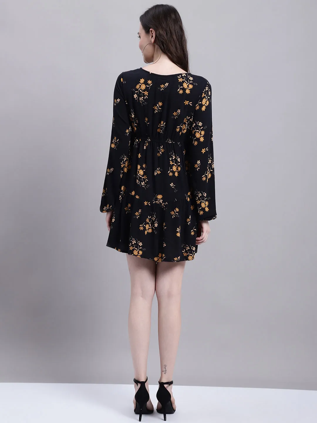 Women Black Floral Skater Dress