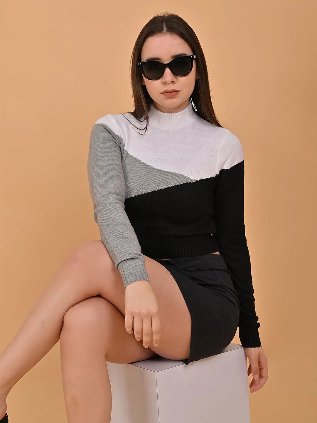 Women Colorblock Cropped High Neck Sweater