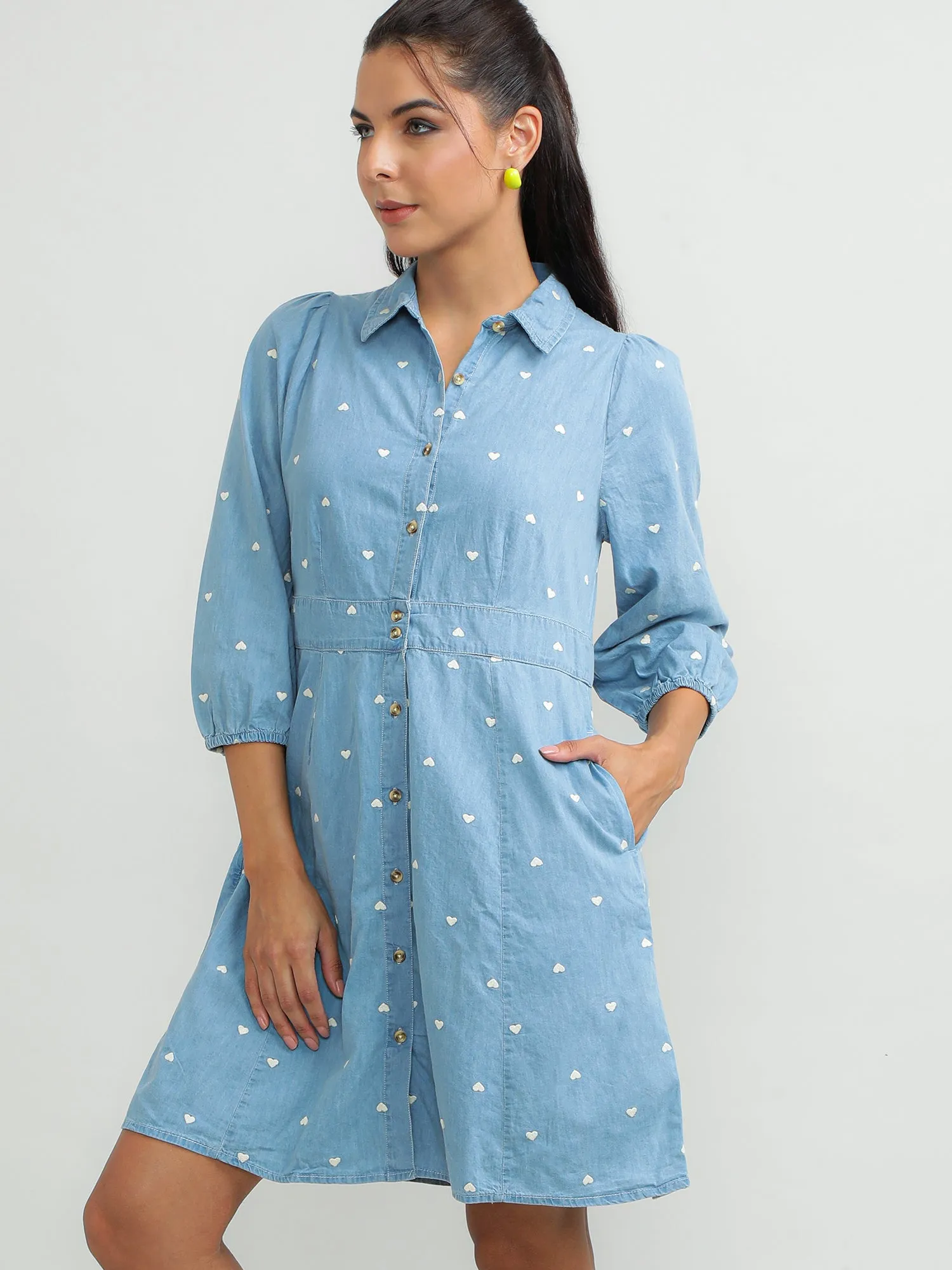 Women Cotton Blue Smart Dress